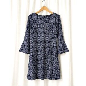 Tommy Hilfiger Navy Blue White Medallion Print Bell Sleeve Jersey Stretch Dress